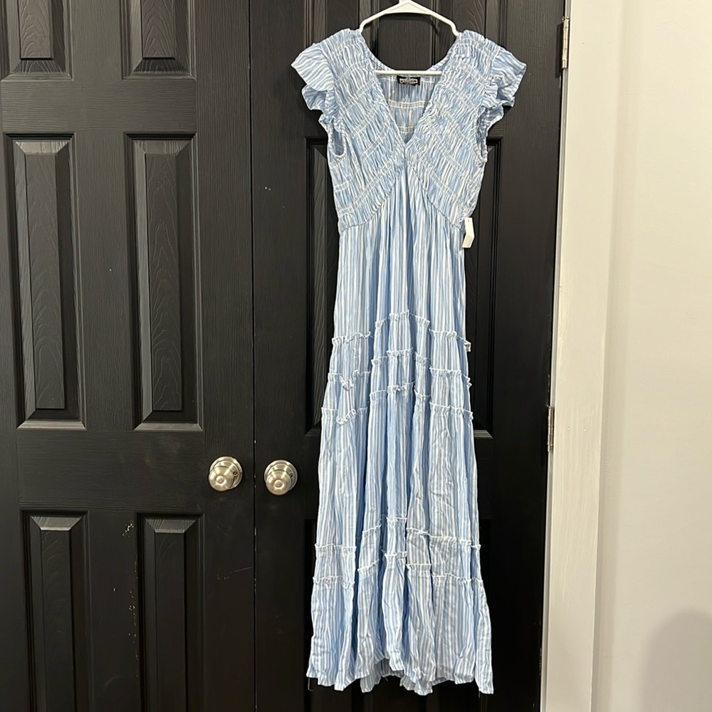 Blue and White striped maxi dress size small